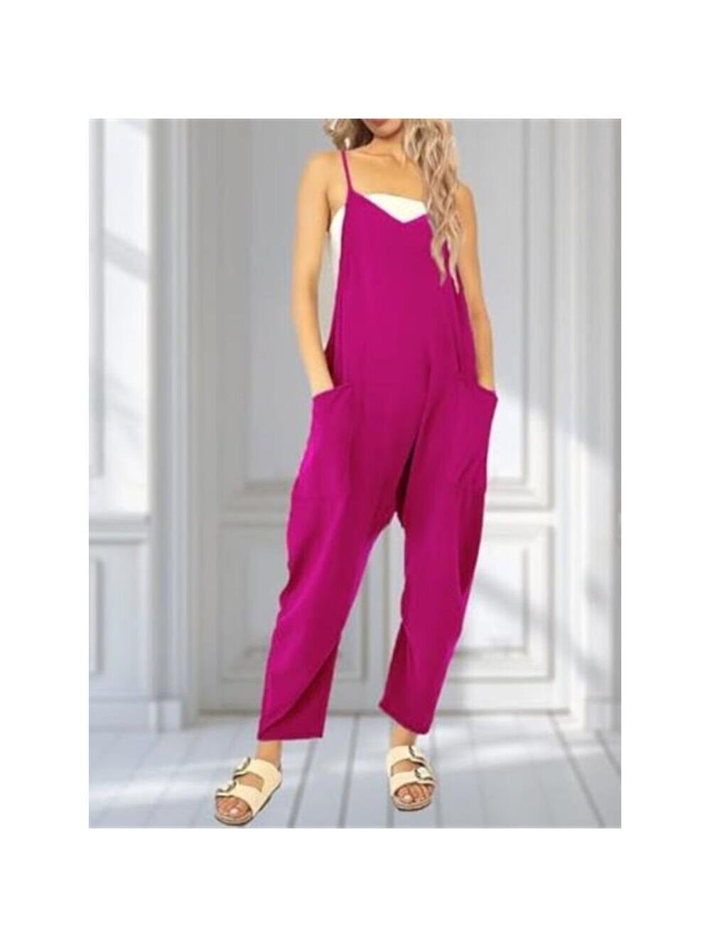 Casual Wide Leg Jumpsuit Baggy Sleeveless Romper Dark Pink Women With Pockets